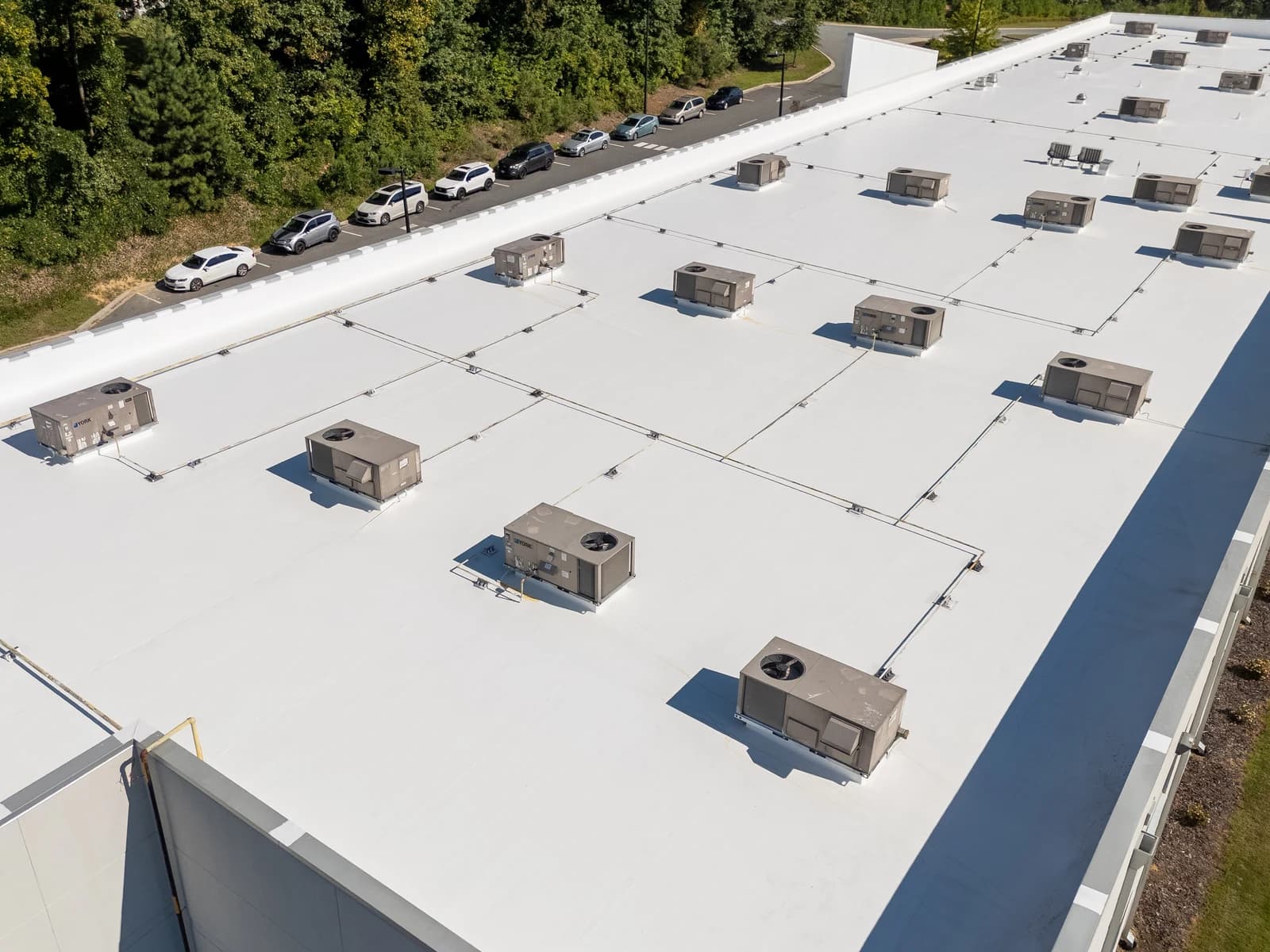 Mountain Island Charter School roof coating, aerial view 14 of completed multi-layer silicone system